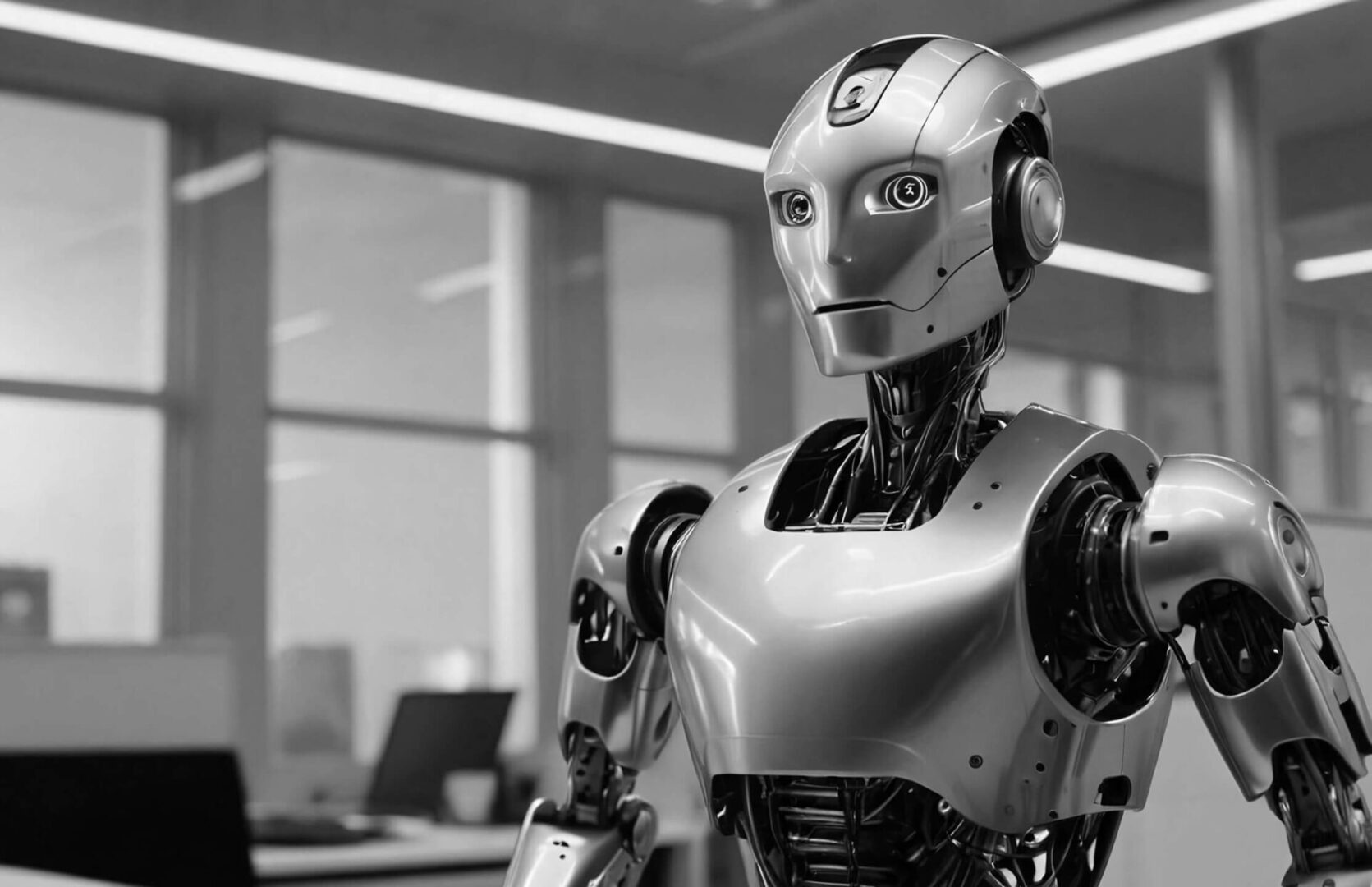 A robot is standing in an office setting.